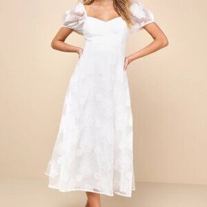 Lulu's Sweetest Behavior White Embroidered Puff Sleeve Midi Dress